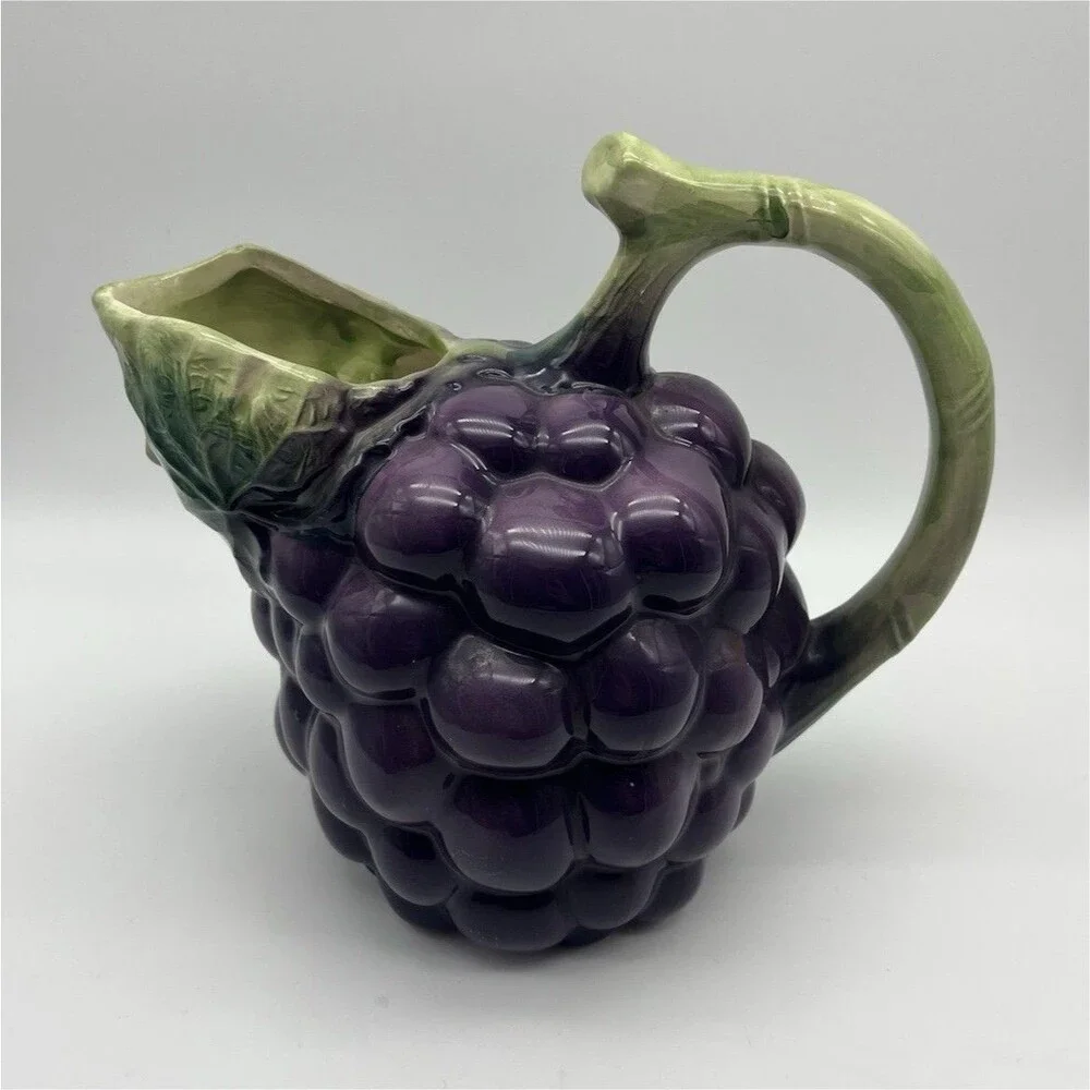 Vintage MR. MAN Grapes Majolica Ceramic Glazed Pitcher, made in Taiwan